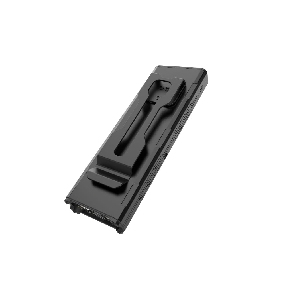 Ultra-thin flashlight showing its bright LED bulb and stainless steel bezel.