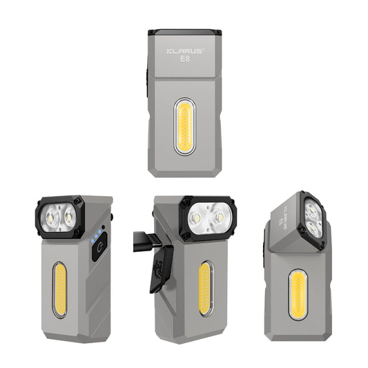 Klarus E8 in hand showing its compact size and ergonomic design