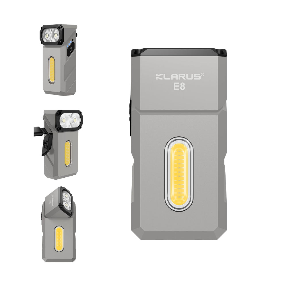 Klarus E8 in hand showing its compact size and ergonomic design