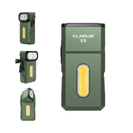Klarus E8 flashlight illuminating a dark workspace